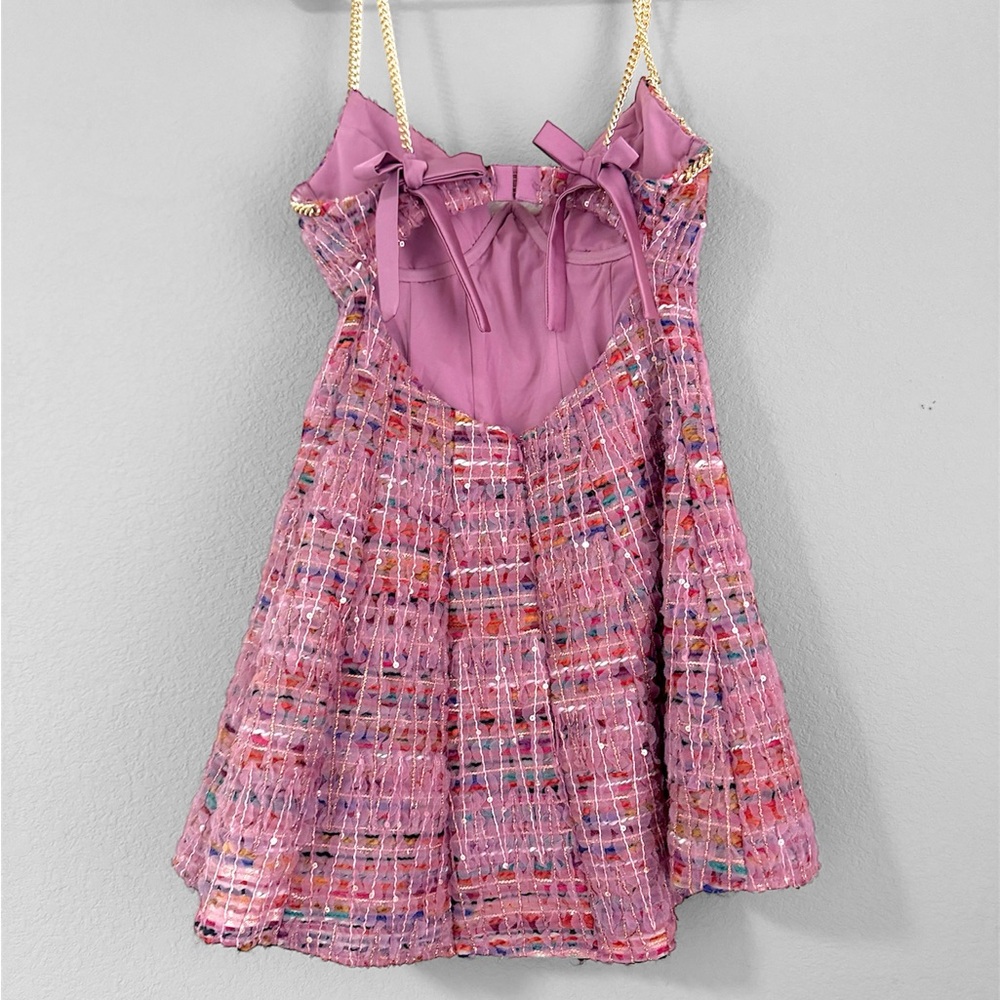 For Love & Lemons Plaid Pink Multi Mini Dress Celine Tweed Chain (S) Like New - Picture 2 of 13